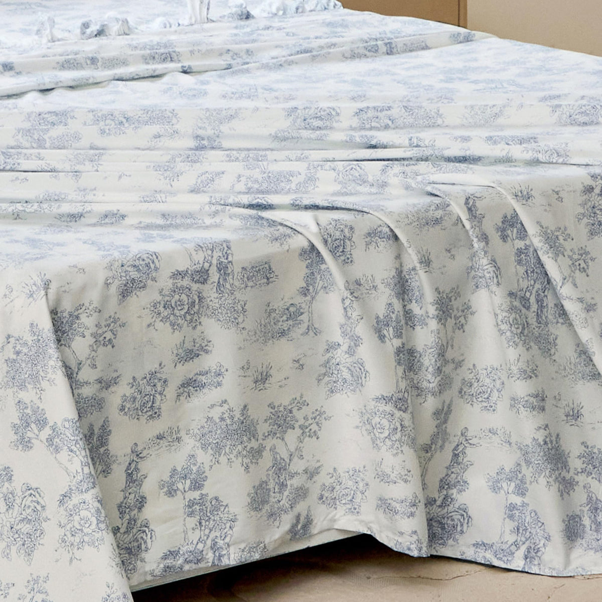 Organic Cotton Sheet Set - French Country Blue Toile de Jouy Bedding, Luxury Ruffle Edge Crisp & Cooling