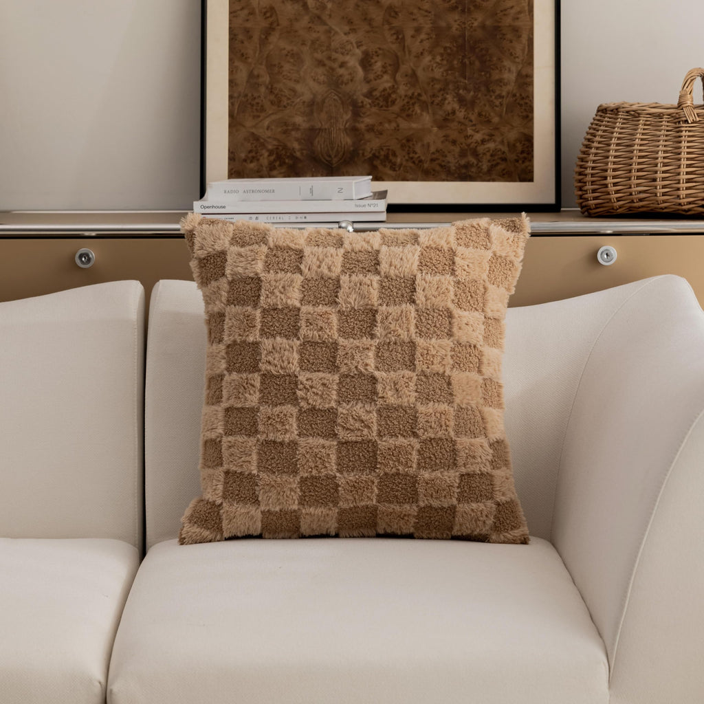Plaid Pillow Covers 18x18 Square Faux Fur Throw Pillows for Couch Decorative Checkered Pillowcases Bedroom Office