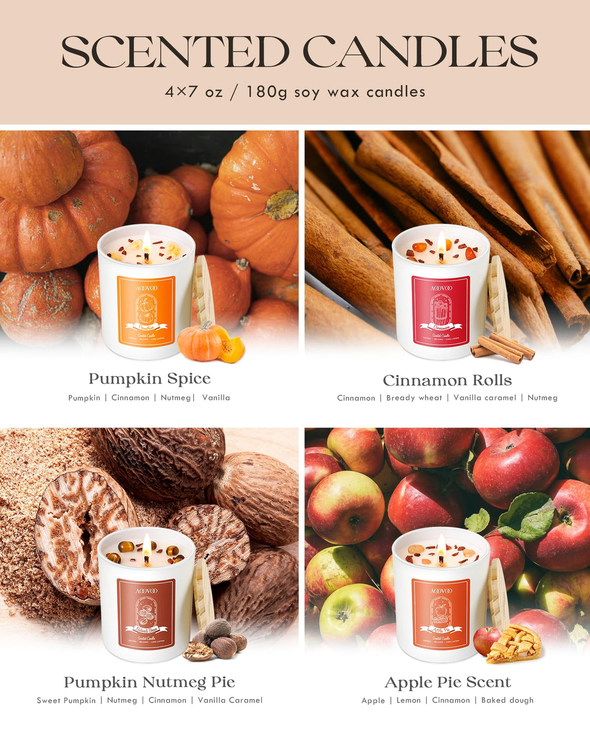 Fall Candles Set for Women - Aromatherapy Candle with Crystals Inside, 28 oz 200 Hour Long Lasting, 4 Pack Candles
