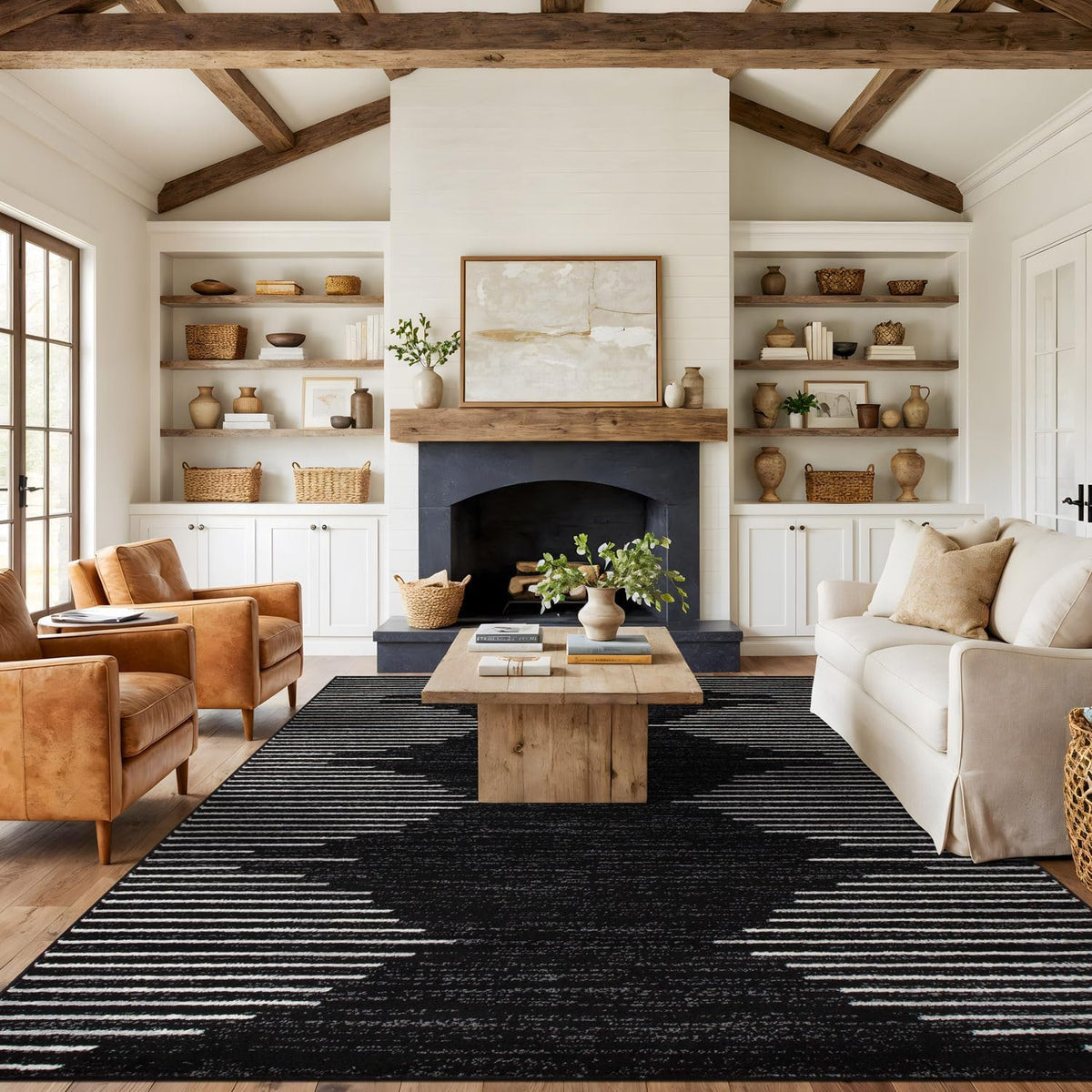 Bohemian Stripe Stain Resistant Area Rug Black