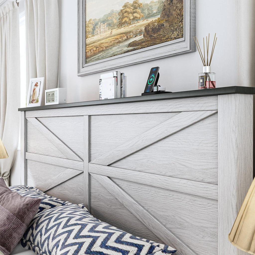 Farmhouse Wood Bed with Geometric Headboard White