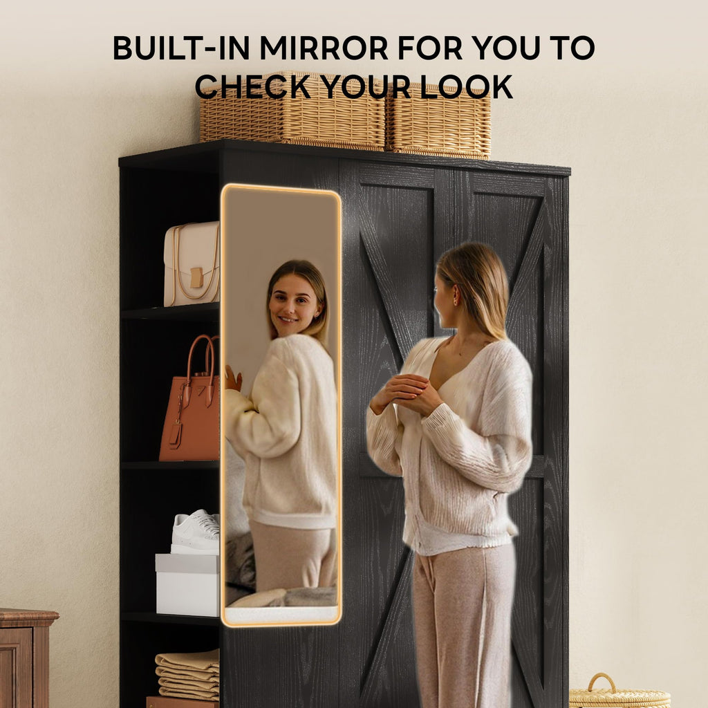 Armoire Wardrobe Closet 70 Inches, Large Storage with Mirror, 2 Doors, Drawer, and Shelves, Modern Bedroom
