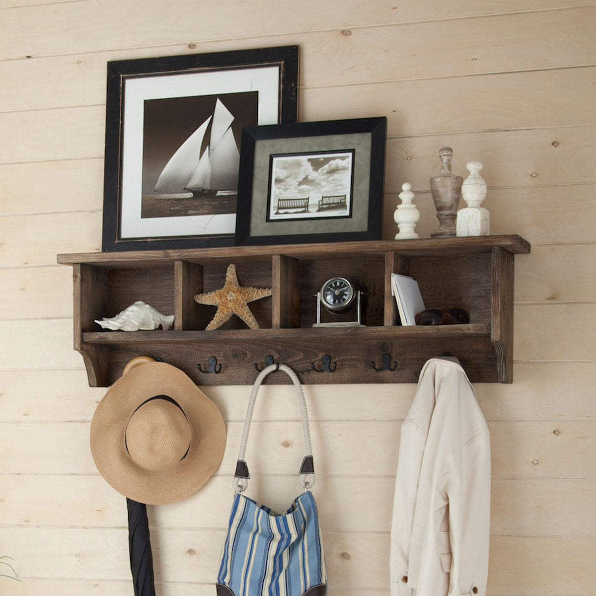 Pomona Solid Wood Entryway Coat Rack with Cubbies, Rustic Brown, 48"
