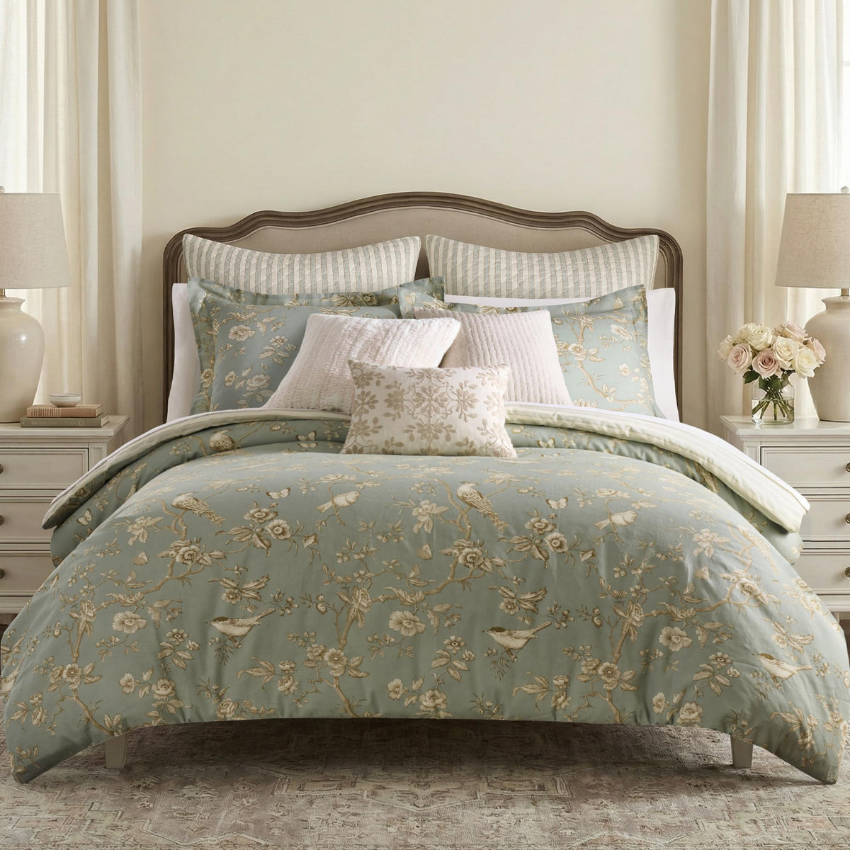 Lyon Teal Duvet Cover Set - Duvet (106x94in) and 2 Shams (20x36in) - Toile Bird Floral Design - Teal