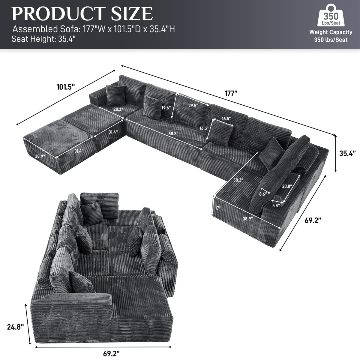 177" U-Shaped Boneless Cloud Modular Sectional Sofa, Dark Gray