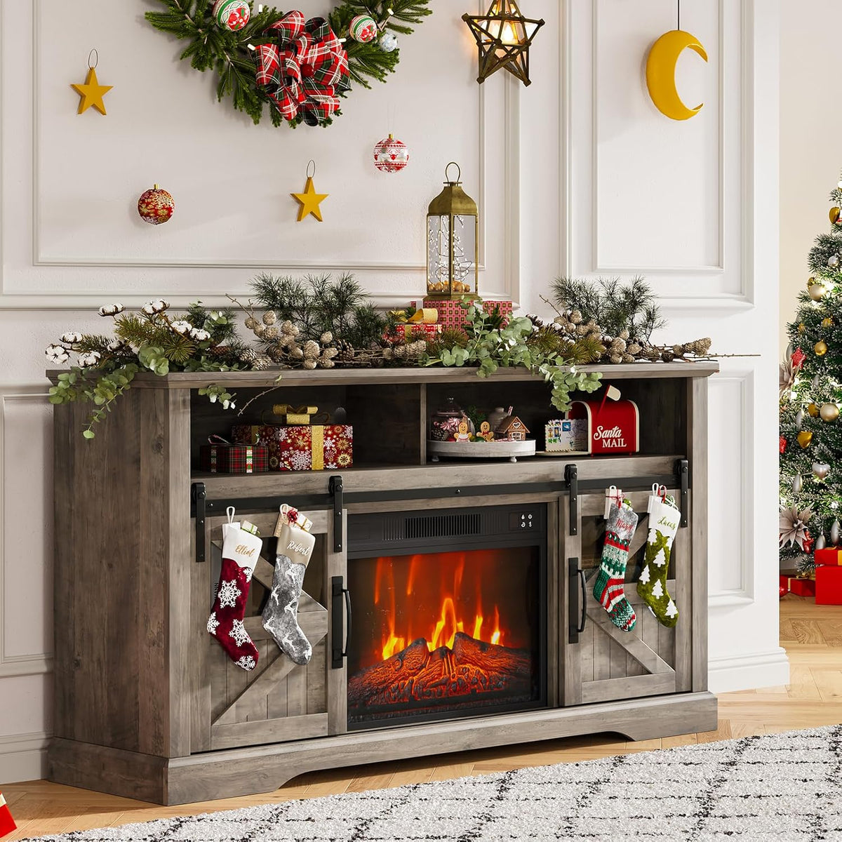 Farmhouse Fireplace TV Stand for TVs up to 65+ Inches, Entertainment Center with 23 Inch Electric Fireplace, Large Storage Console with Sliding Barn Door, Brown