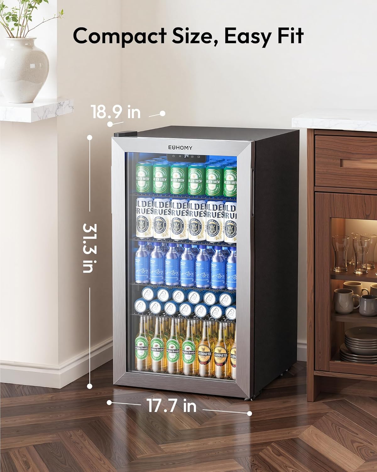 Mini Fridge 130 Can Beverage Refrigerator Cooler Glass Door for Soda Wine Beer, Beverage Cooler for Home, Bar
