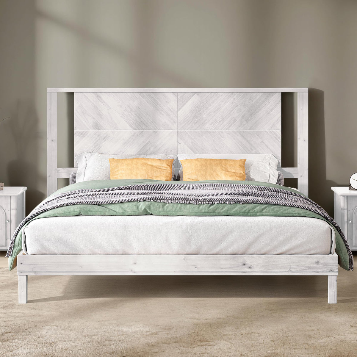 Modern Solid Wood Bed Frame with Headboard, Rustic White