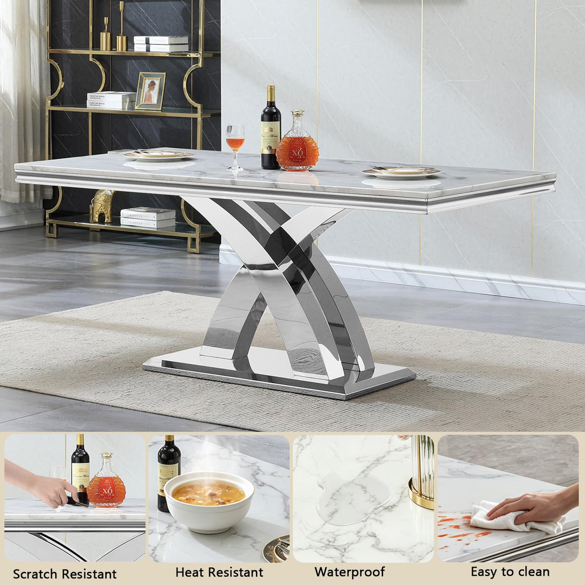 68''Silver Faux Marble Dining Table Set with 6 Leather Chair