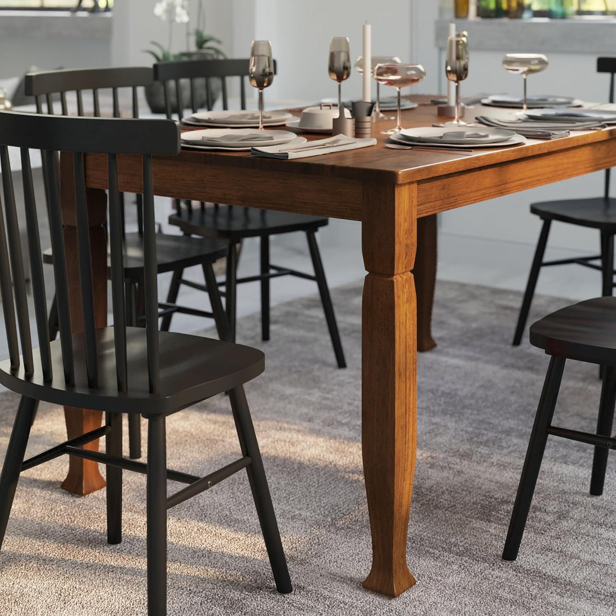 Milford 60" Solid Wood Dining Table, 3 Inch Offset Paneled Apron, 3" Turned Decorative Legs, Water Resistant Finish
