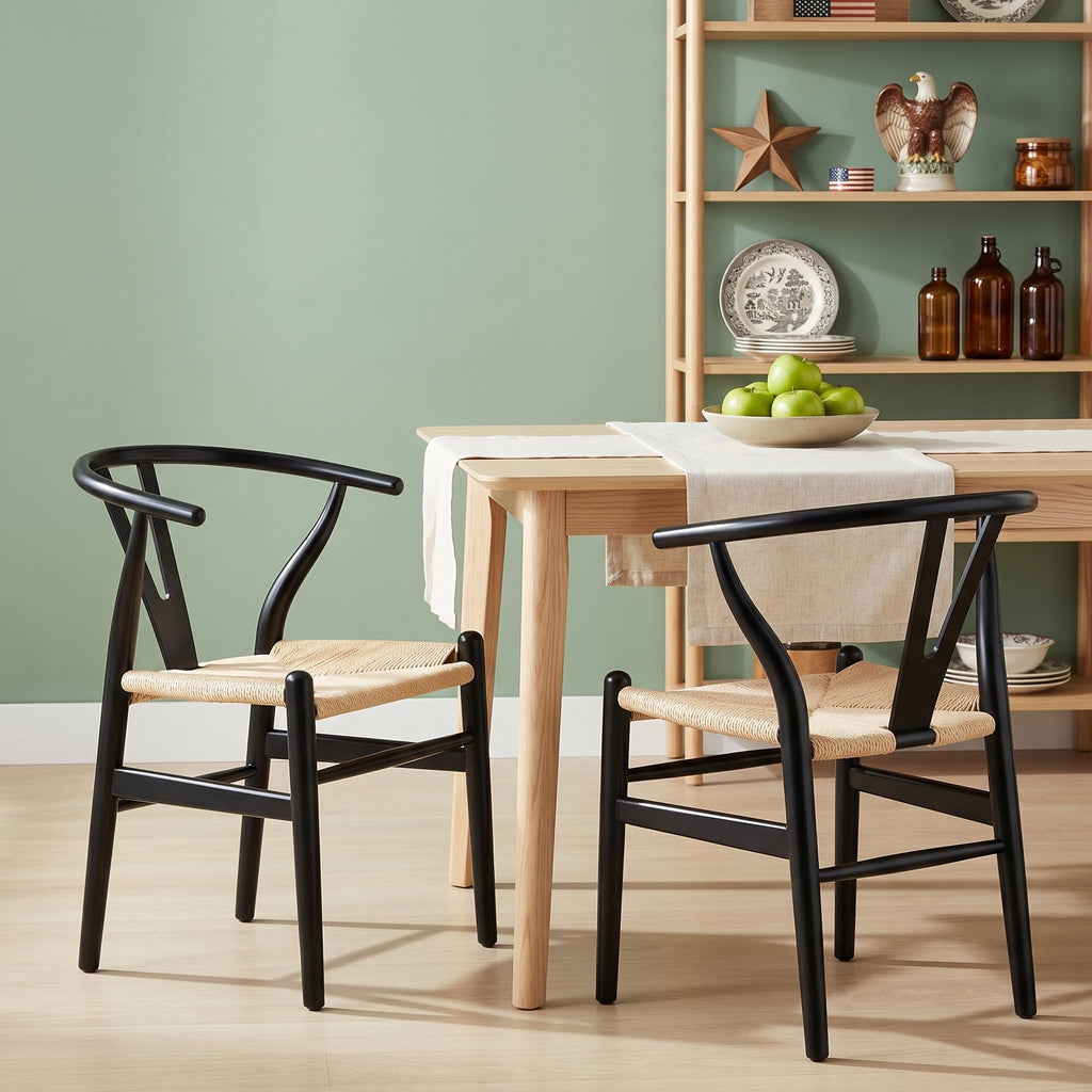 Wishbone Dining Chairs Set of 2 (Black Frame + Natural Cord)