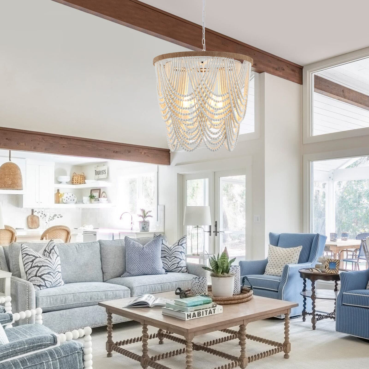 26" Boho Wood Beaded Chandelier Rustic Farmhouse Pendant Light 4-Lights Large Coastal Chandelier Dining Room Foyer