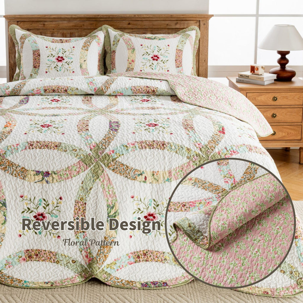 Cotton Real Patchwork Embroidery Quilt Set 3-Piece. 100% Washed Cotton. 376 Hand Cut Patches. Embroidery and Allover