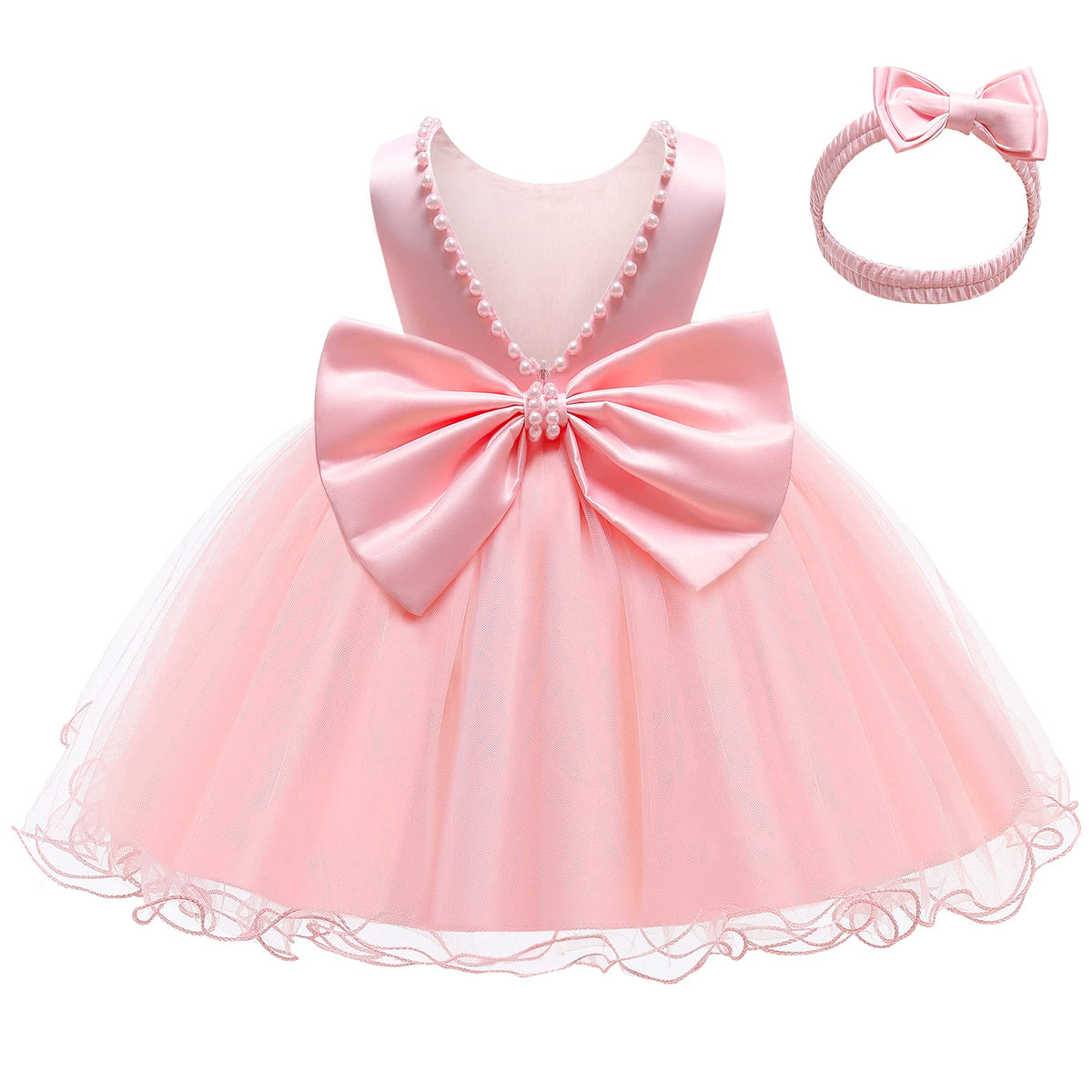 Pink Baby Girl Party Dress Bow Headband Baby Pink Newborn Dress
