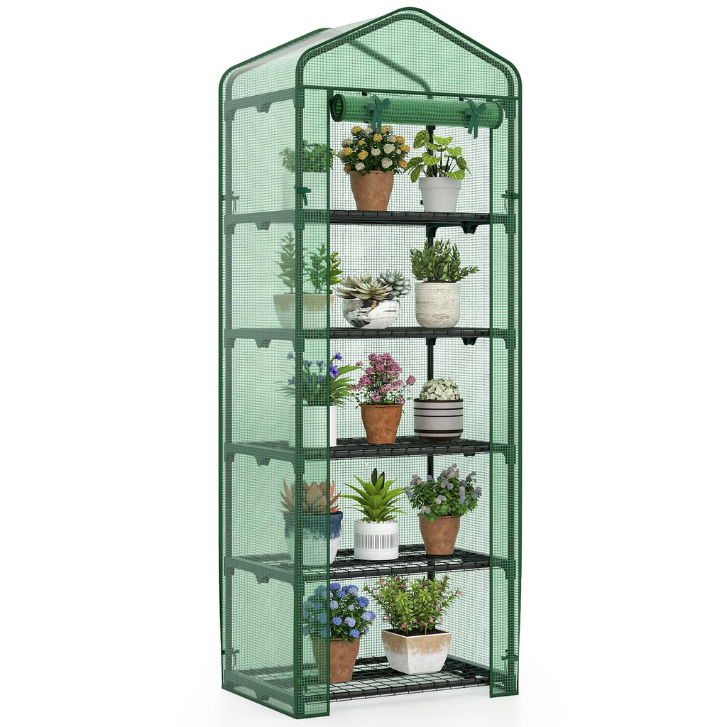 Mini Greenhouse Indoor Outdoor, 27" x 19" x 75" Portable Plant Grow House with 5 Tier Shelves, PE Cover, Roll-Up