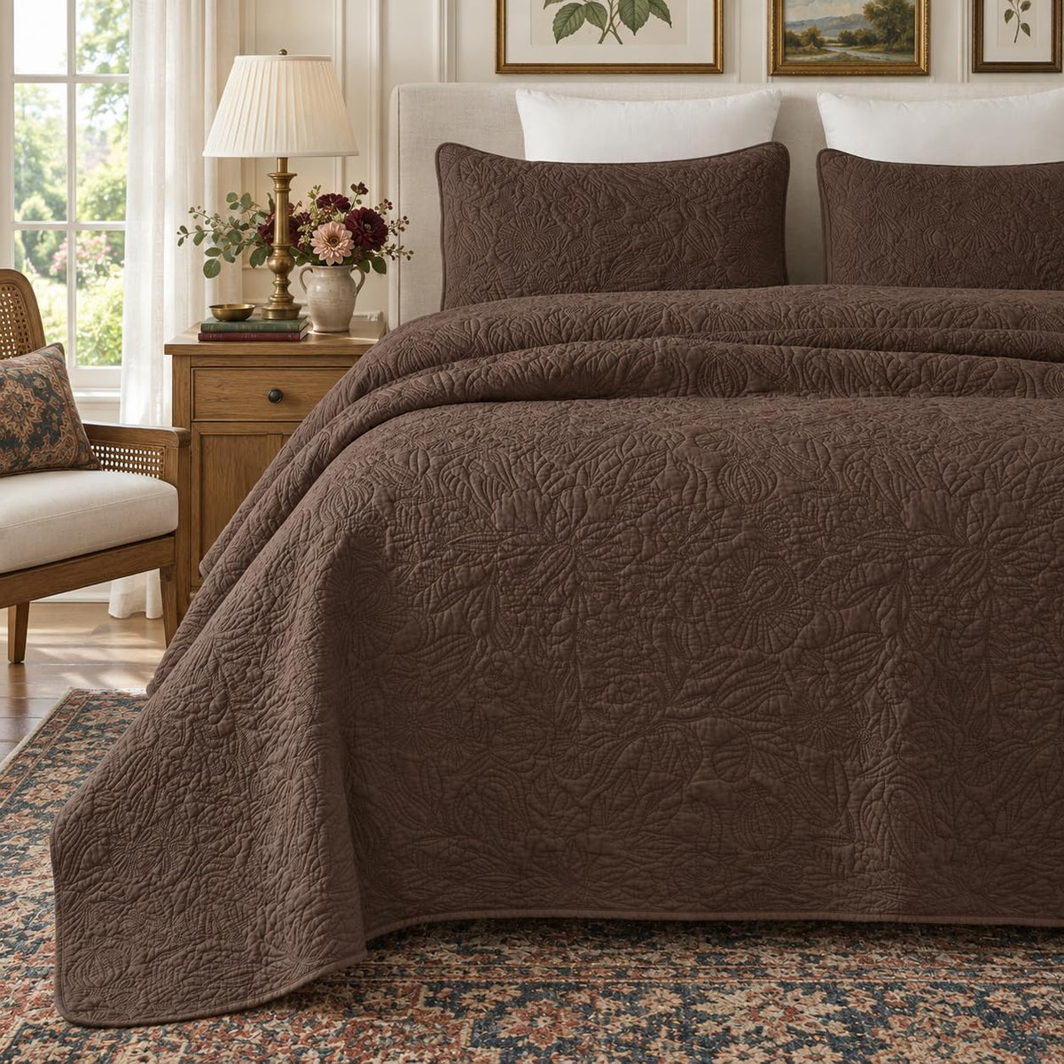 Brown Botanical Cotton Quilt Set Queen Floral Stitched Quilts 3PC