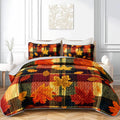 Fall Plaid Bed Cover 3 Piece, Includes 1 Quilt and 2 Pillow Shams, Scarlet Maple Motifs Dark Tartan Squares Warm