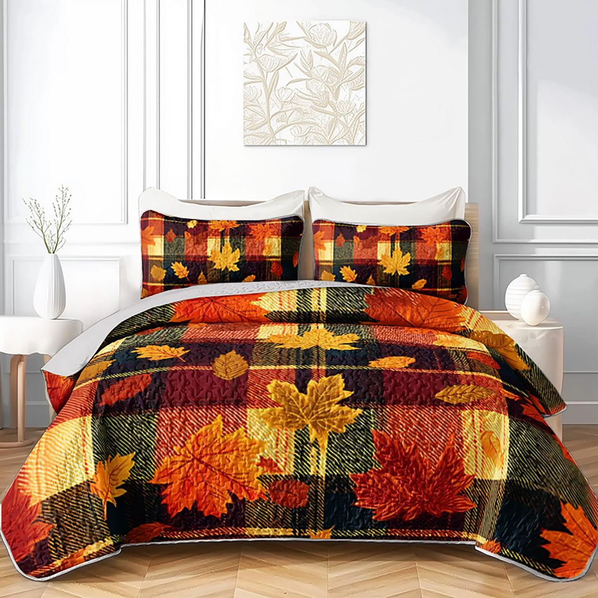 Fall Plaid Bed Cover 3 Piece, Includes 1 Quilt and 2 Pillow Shams, Scarlet Maple Motifs Dark Tartan Squares Warm
