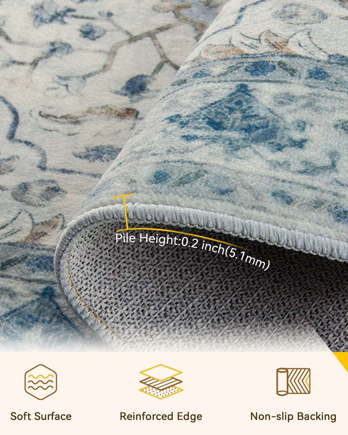Washable Area Rug, Runner, Blue/White/Gray