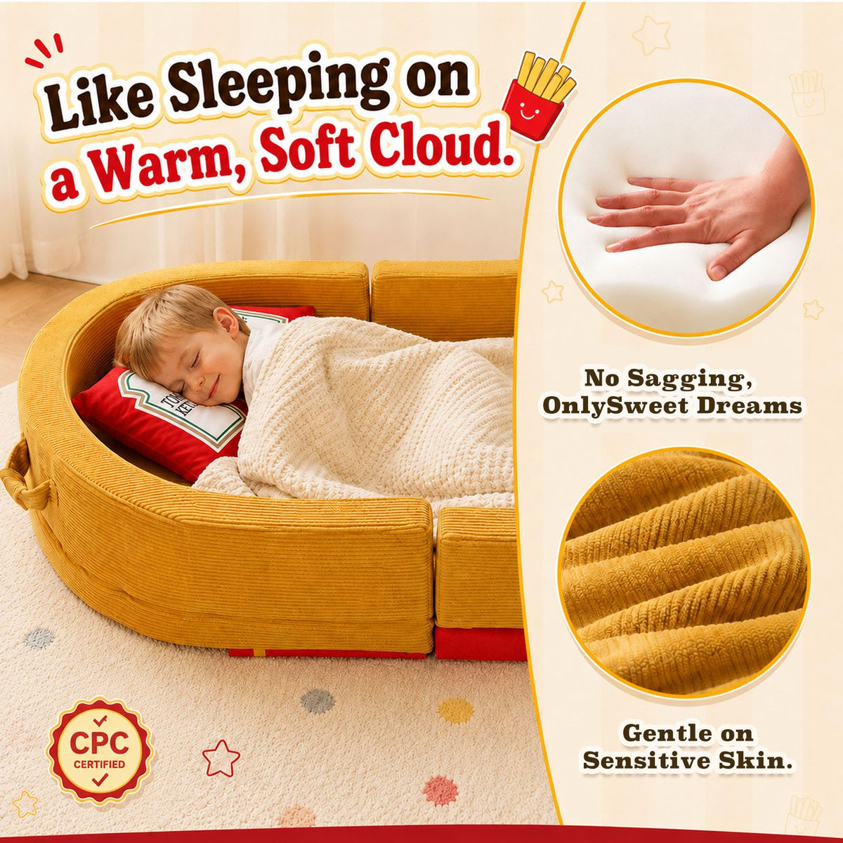 Toddler Travel Bed "French Fries" Style with "Ketchup" Pillow - Portable Toddlers Floor Beds, Foldable Soft Foam