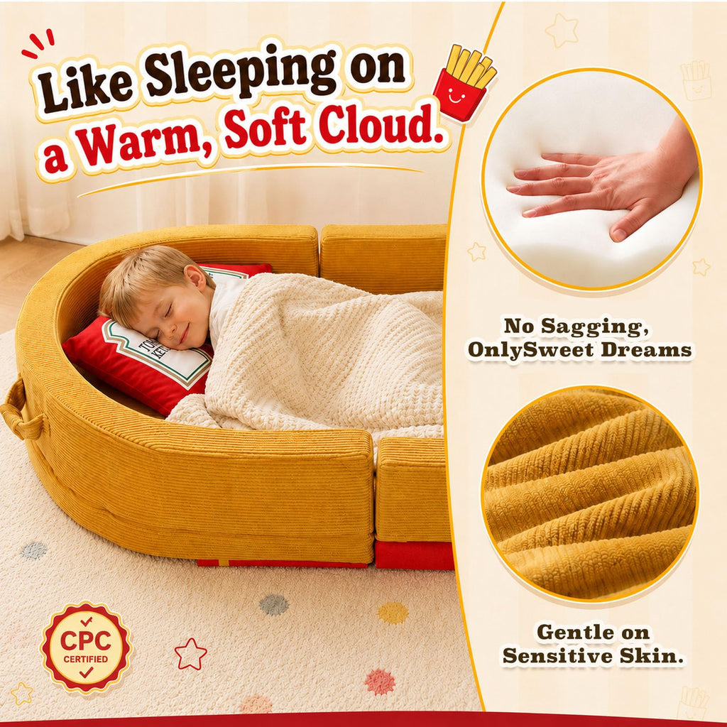 Toddler Travel Bed "French Fries" Style with "Ketchup" Pillow - Portable Toddlers Floor Beds, Foldable Soft Foam