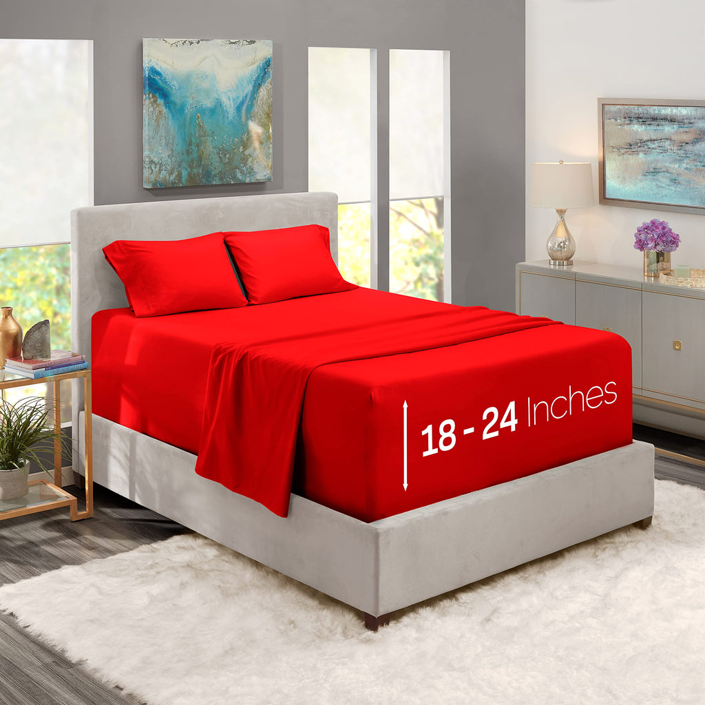 Extra Deep Pocket Sheet Set - Cherry Red, 4 Piece, Microfiber, 18-24 Inches Deep, Stripe Pattern