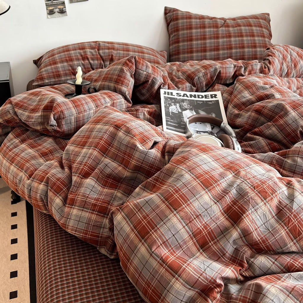 Caramel Blue Gingham Duvet Cover 100% Washed Cotton Buffalo Plaid Bedding Set 3pcs Grid Checkered Duvet Cover