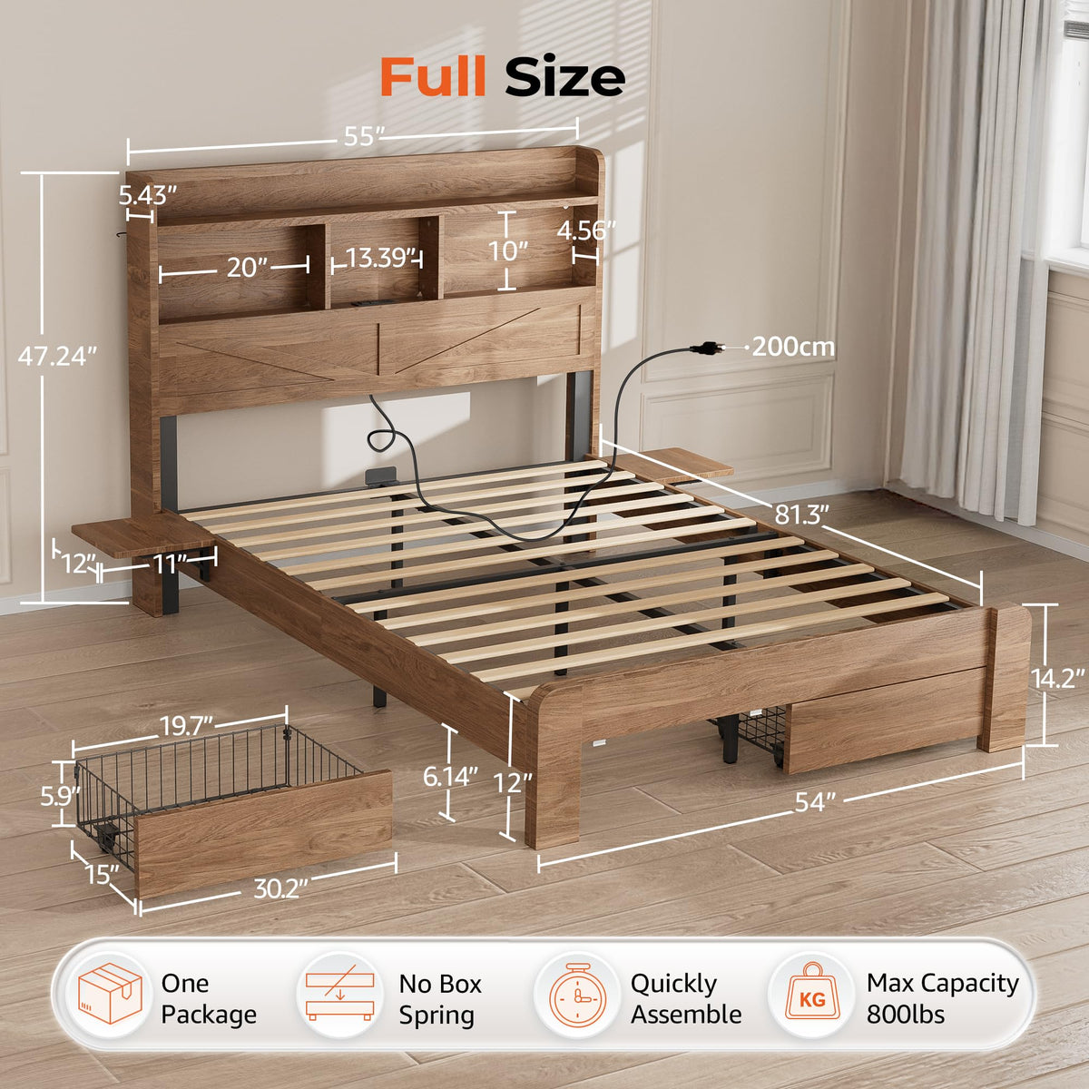 Full Size Bed Frame with 2-Tier Storage Headboard, LED Lights, Charging Station, 2 Drawers, 800lbs Capacity, Wood &
