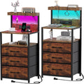 Nightstands Set of 2 with Outlet and USB C Port, Bedroom Night Stand with Led Lights and 3 Fabric Drawers, Matching