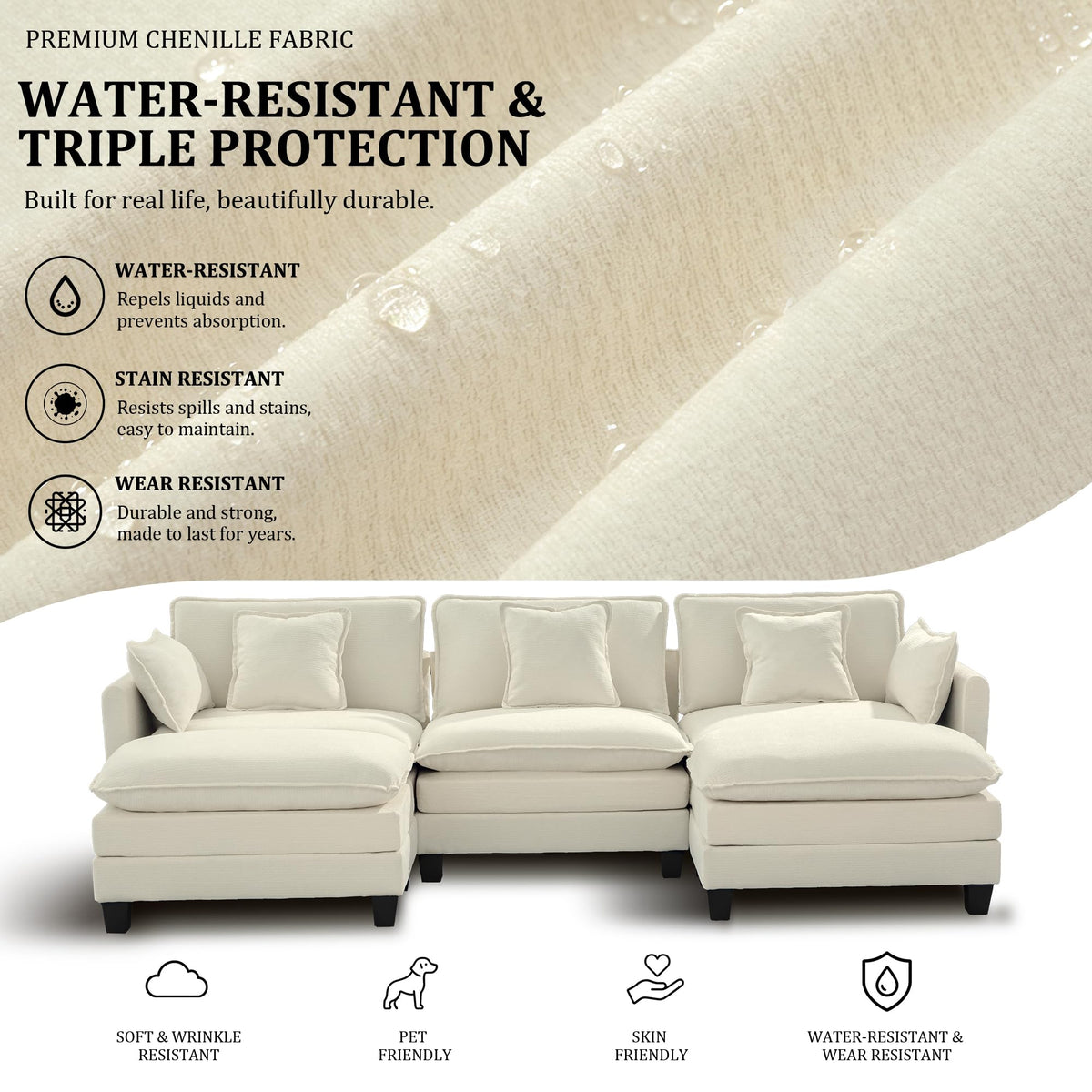 147" Modular Sectional Sofa with USB Charging Port, Water-Repellent Stain-Resistant Fabric, Deep Seat 6-Seat U Shaped