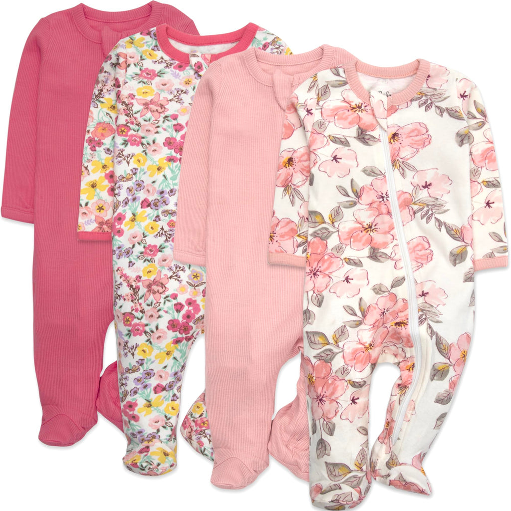 Girls Footie Sleepwear Pajama Set, Print and Solid Color Piece - Long Sleeve Zip Front Sleep & Play