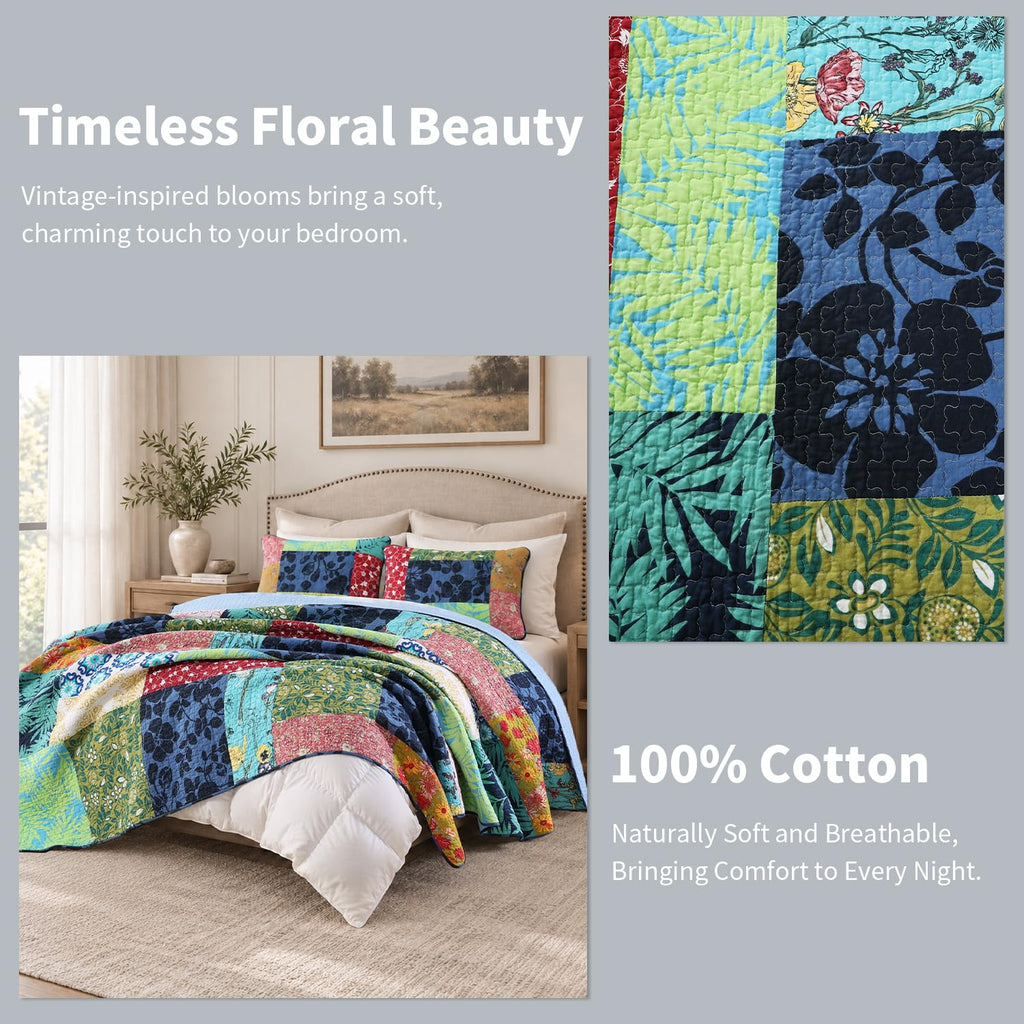 Green Patchwork Quilt - 100% Cotton Country Farmhouse Quilt Sets, Floral Cotton Quilt, Reversible Bedding
