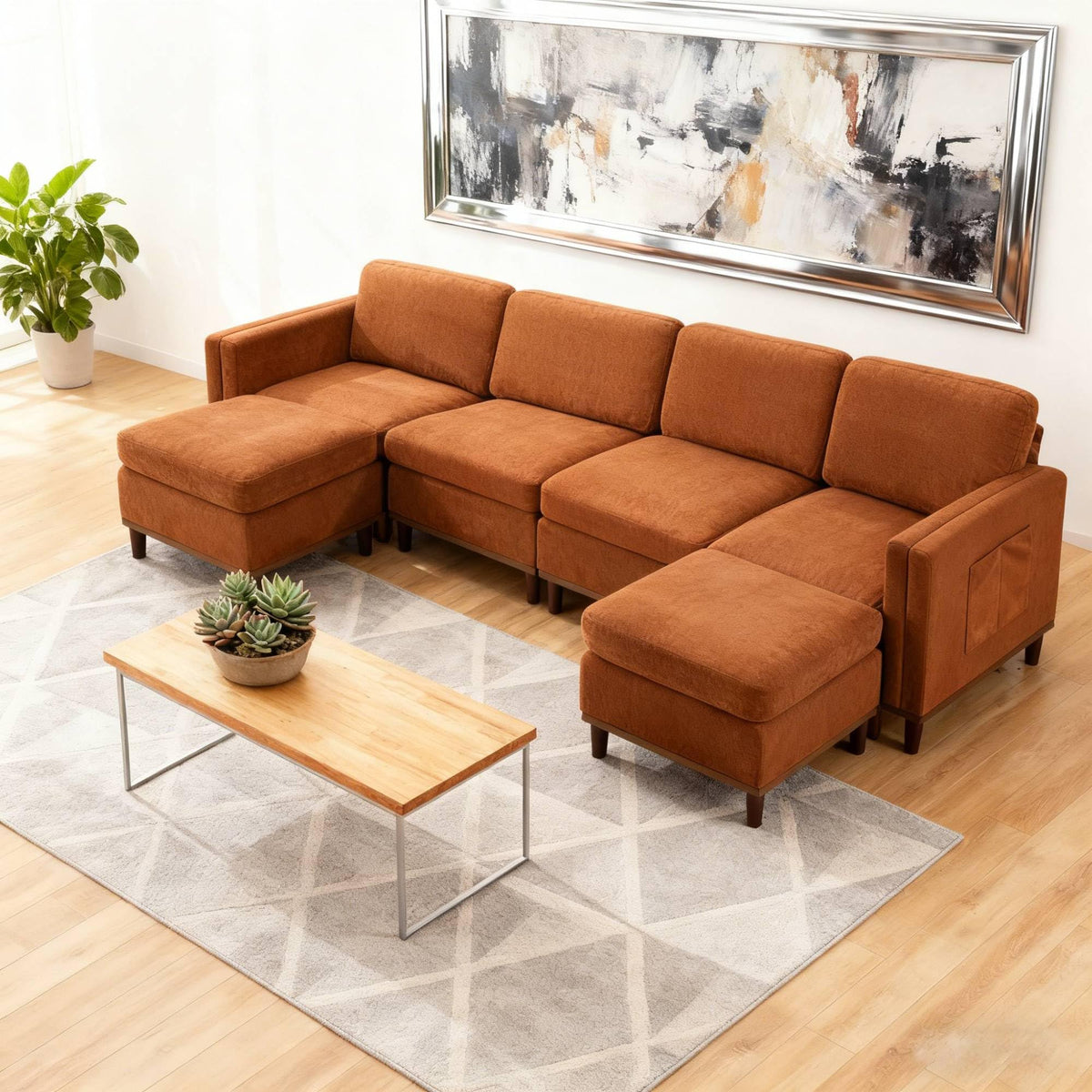 Modular Sectional Sofa with Storage Pockets, Soft Boucle Fabric, Solid Wood Frame, Customizable Configuration (U