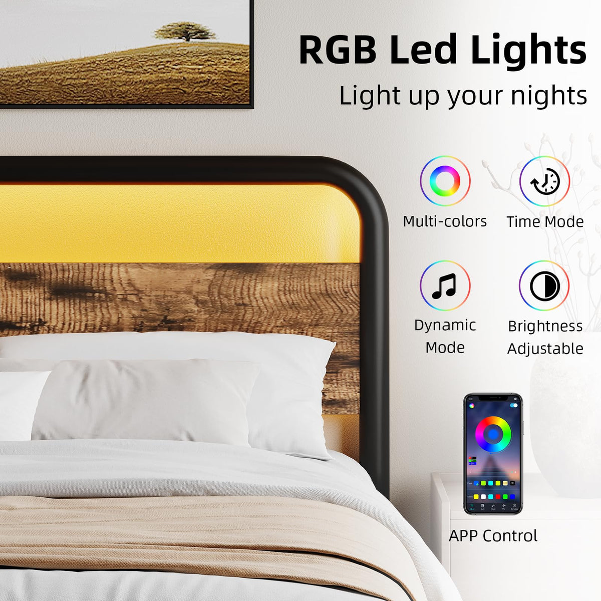 Bed Frame, Wood Headboard and Footboard, LED Lights, Rustic Brown