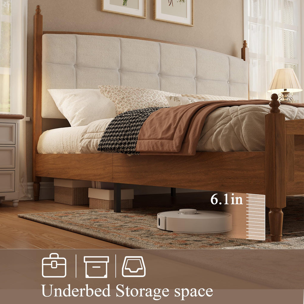 Farmhouse Platform Bed Frame with Curved Upholstered Headboard, Walnut