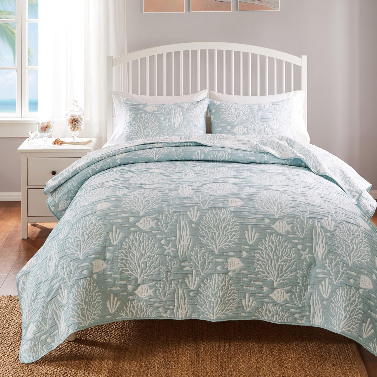 Home Coastal Paradise Reversible Matelassé Coverlet Set, 3-Piece, Marina Seafoam