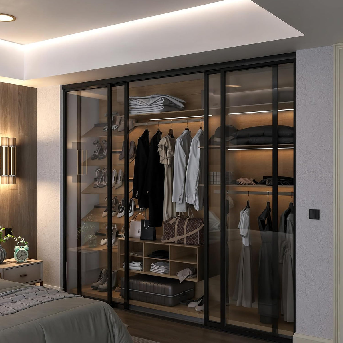 Door55 4 Panel Glass Sliding Closet Doors with Aluminum Frame, Silent Glide Technology, Bedroom Closet Doors (Clear