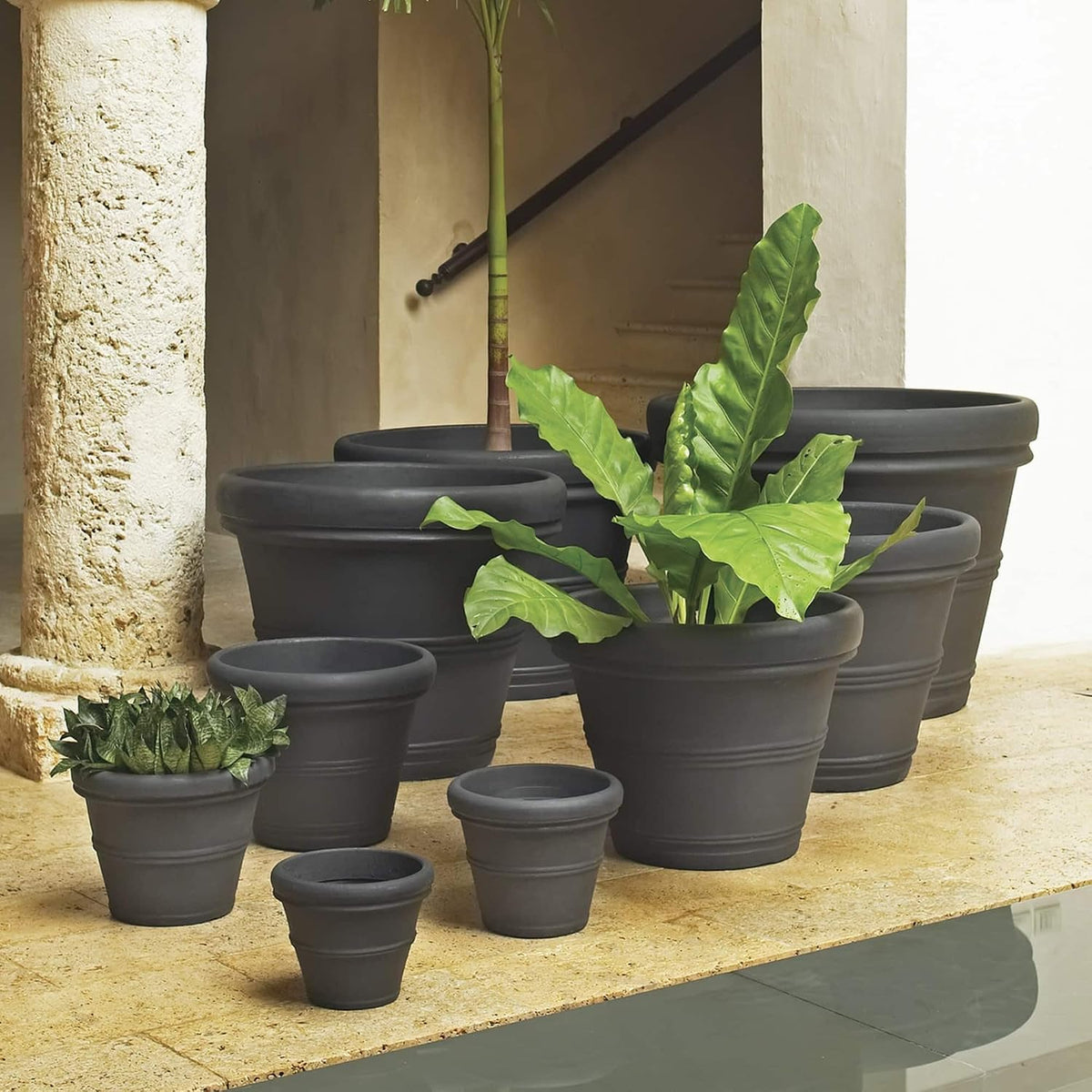 Brunello Classic Gray Rolled Rim Planter Pot, Lightweight Indoor/Outdoor Weather-Safe Round Plant Pot, 27''W