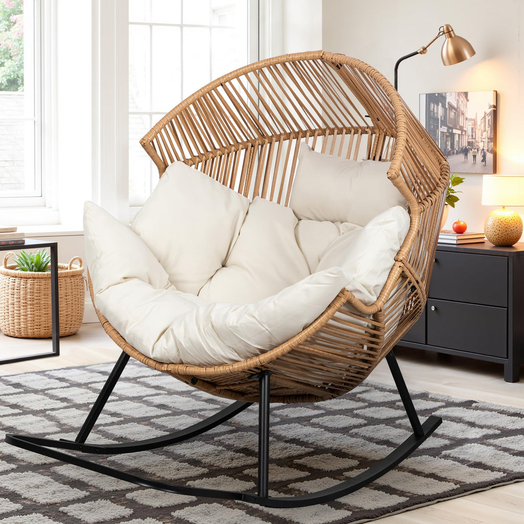 Wicker Rocking Egg Chair PE Rattan with Cushion, Oversized Patio Lounge Rocker Chair for Outdoor, Indoor, Balcony