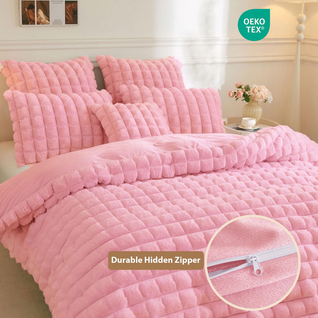Fluffy Bubble Faux Rabbit Fur Duvet Cover Set 3 PCS, Pink