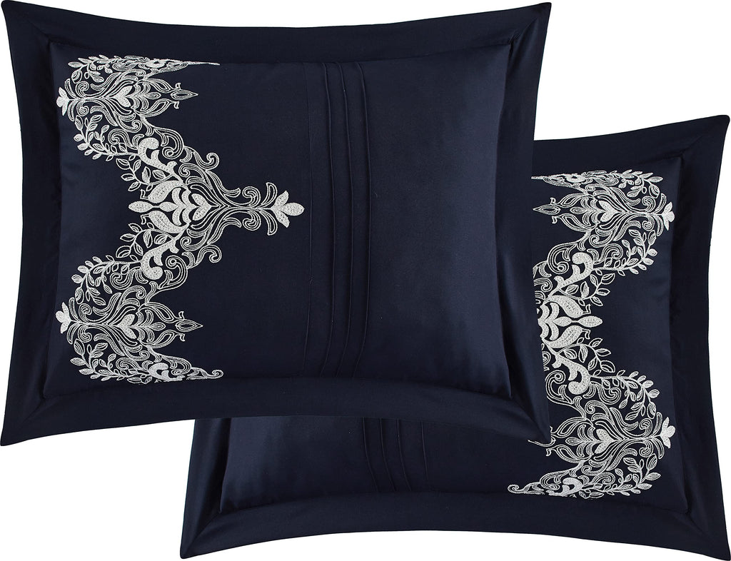Navy Damask Patchwork Comforter Sets Bed, 7 Piece, Chain Stitching Embroidery Ultra Soft, Premium