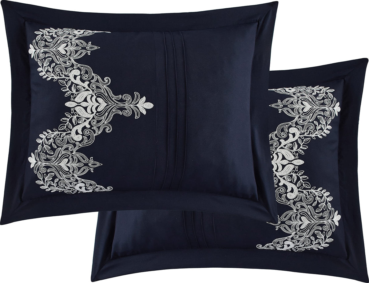 Navy Damask Patchwork Comforter Sets Bed, 7 Piece, Chain Stitching Embroidery Ultra Soft, Premium