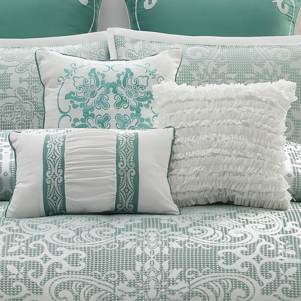 9 Piece Comforter Set, Sage Jacquard Damask, Bed in a Bag, All Seasons Bedding with Shams, Euro Shams, Bed Skirt