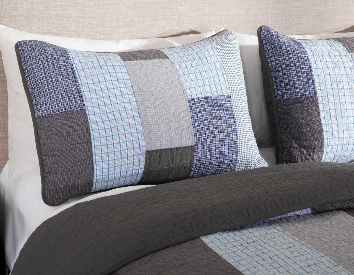 Sora 3-Piece Plaid Checkered Grid Patchwork Stripe Quilt Set - Soft Lightweight 100% Washed Cotton Bedspread for All