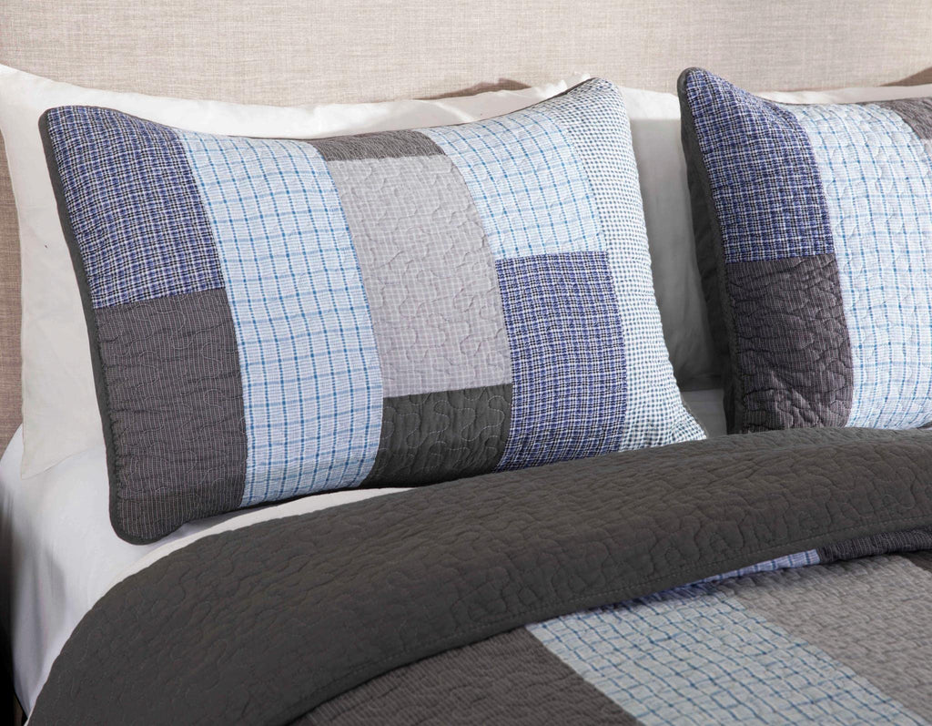 Sora 3-Piece Plaid Checkered Grid Patchwork Stripe Quilt Set - Soft Lightweight 100% Washed Cotton Bedspread for All