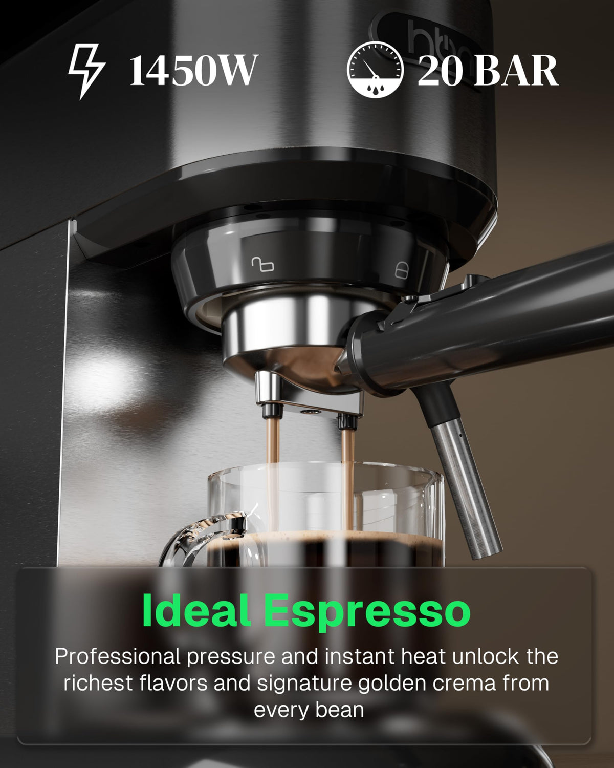 20 Bar Espresso Machine with Milk Frother, Compact Espresso Maker for Ground Coffee, Stainless Steel Coffee Machine