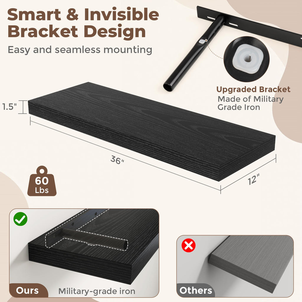 36 Inch Black Floating Shelves for Wall, 12 Inch Deep Shelves |Kitchen|Bedroom, Wall Mounted Rustic Wood Floating