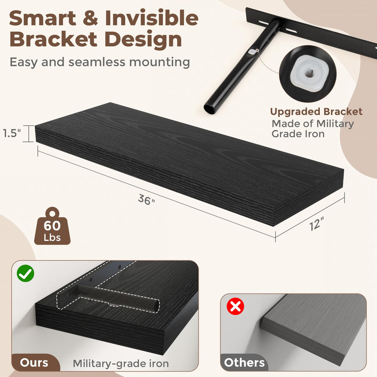 36 Inch Black Floating Shelves for Wall, 12 Inch Deep Shelves |Kitchen|Bedroom, Wall Mounted Rustic Wood Floating