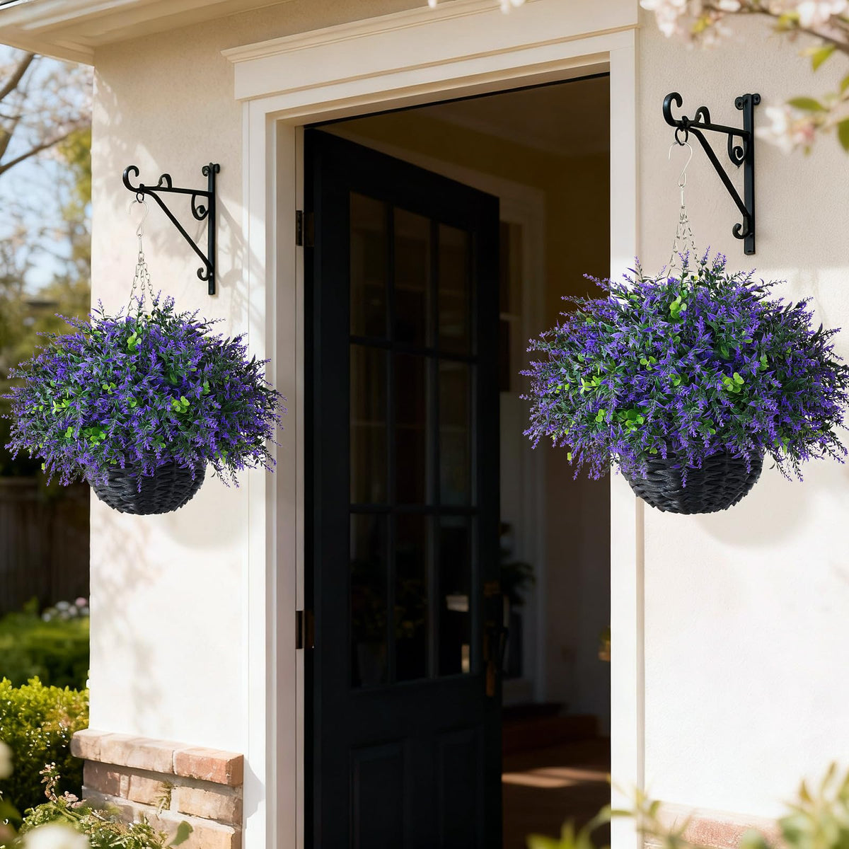 2 Set Artificial Eucalyptus & Lavender Hanging Basket for Front Porch Decor