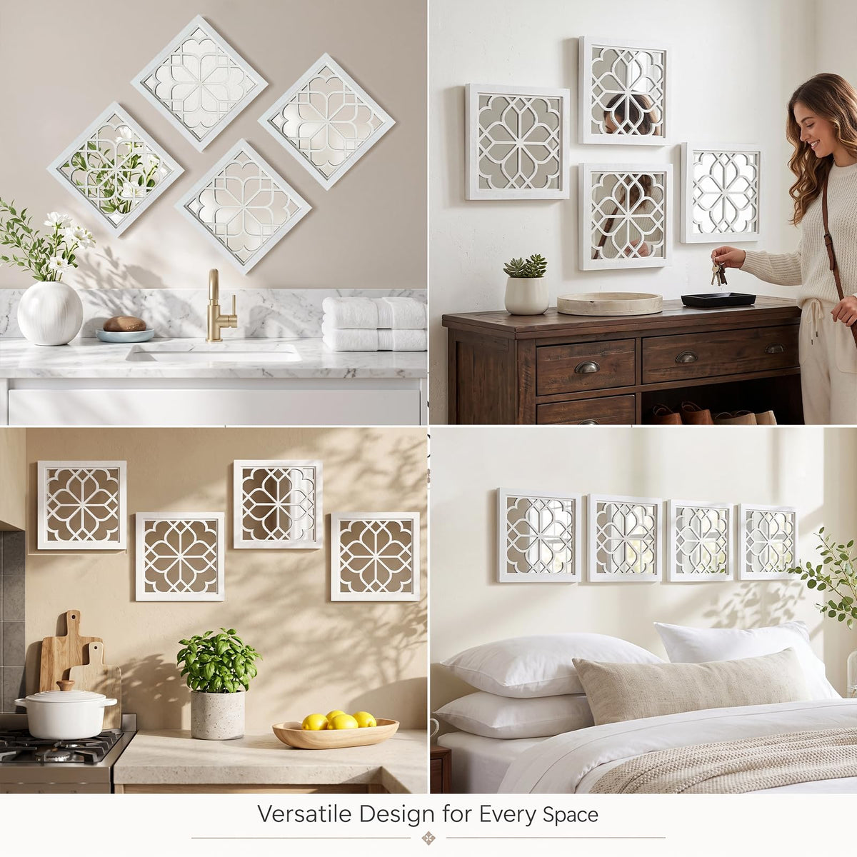 4 Set Rustic Wall Mirrors Bathroom Living Room Entryway Wood Farmhouse Square Easy to Hang Framed Decorative Accent